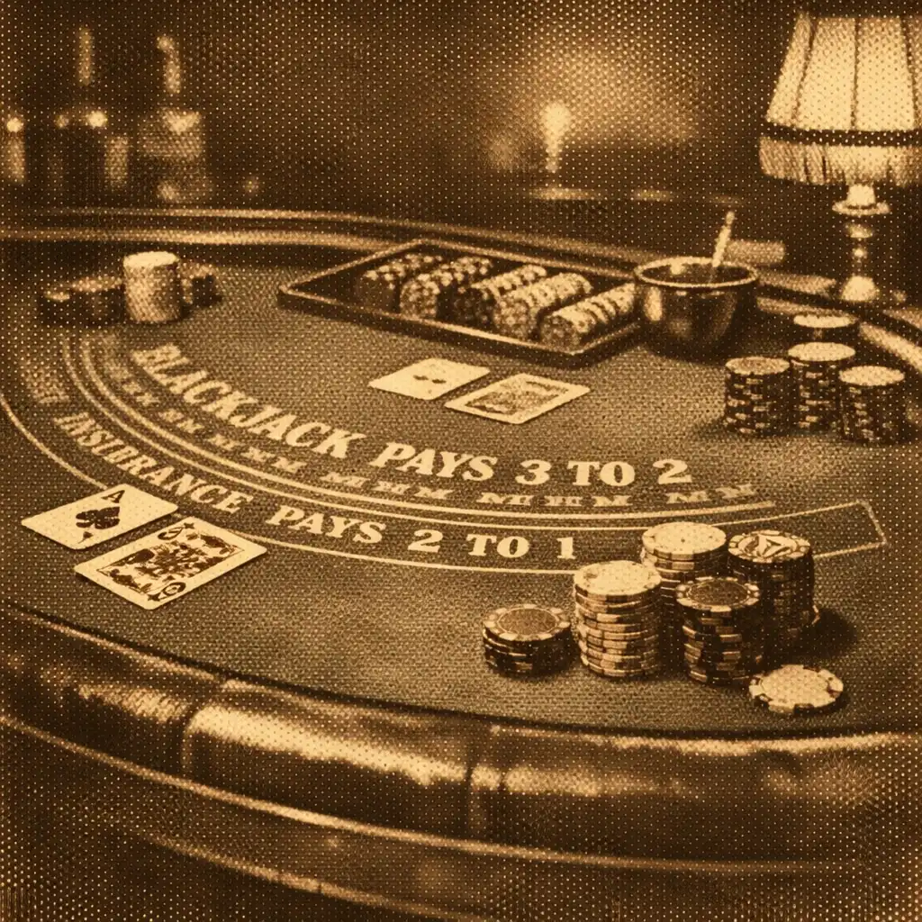 Stół do blackjacka w stylu lat 50. z ciemnego drewna, zielonym suknem, kartami i żetonami w ciepłym oświetleniu