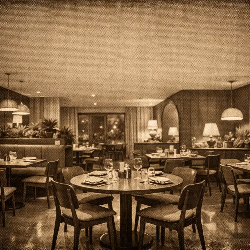 Sala restauracyjna Supper Bistro w sepii z drewnianymi stołami i krzesłami w stylu lat 60.