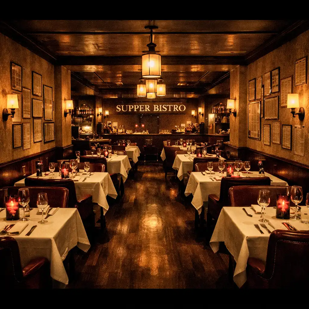Wnętrze restauracji Supper Bistro w stylu mid-century z ciepłym oświetleniem, drewnianymi stołami i skórzanymi fotelami