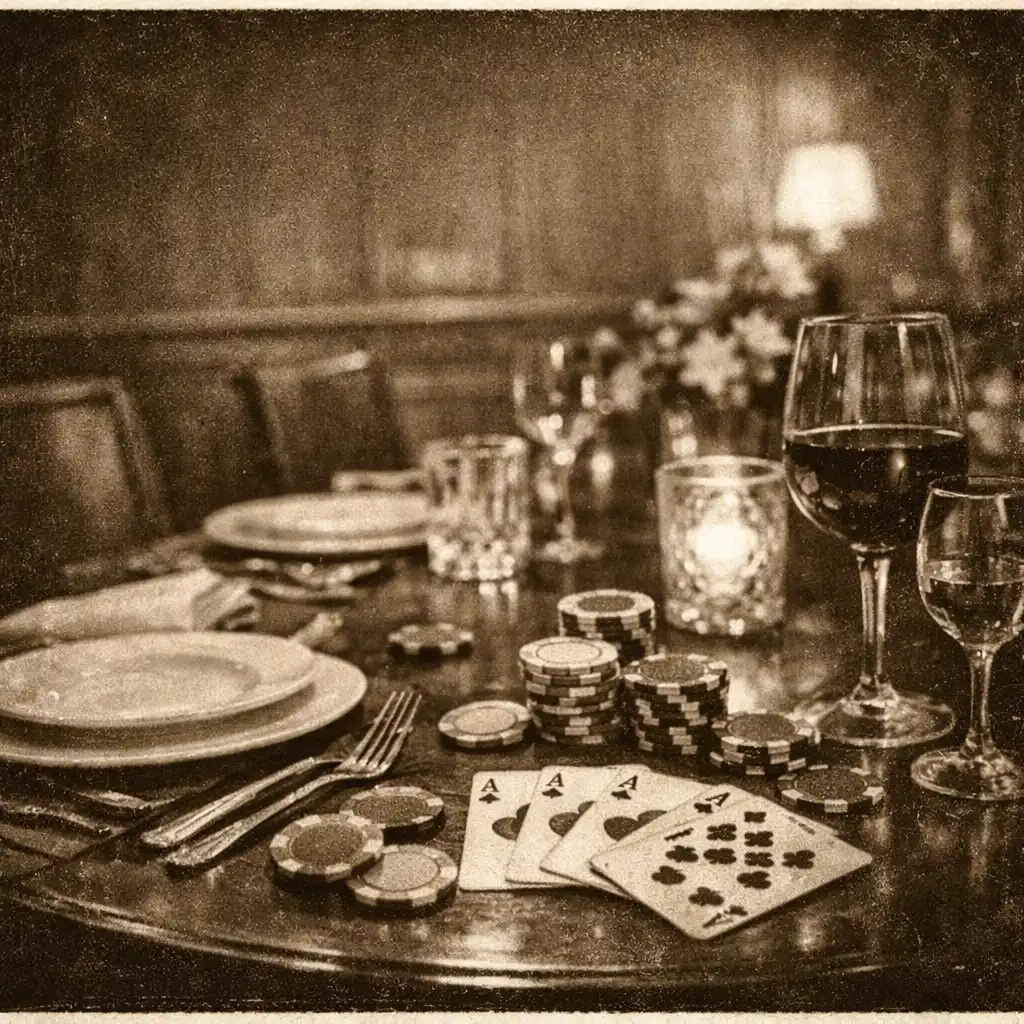 Elegancko nakryty stół w prywatnej sali Supper Bistro, obok talerzy i kieliszków leżą karty do gry oraz żetony